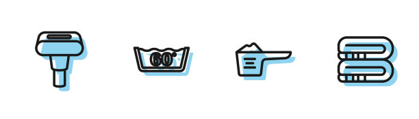 设有洗衣粉，服装蒸笼，温度洗涤和毛巾堆图标。向量图片下载