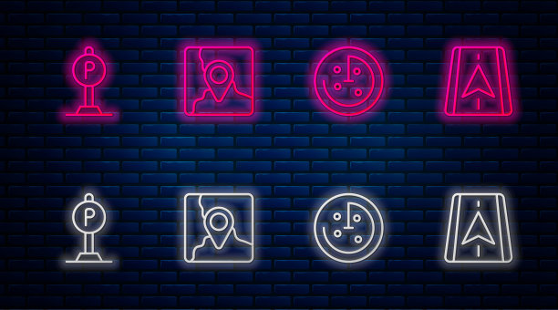 设置线折叠地图与位置标记，雷达目标监视器，停车和城市导航。砖墙上发光的霓虹灯图标。向量图片下载