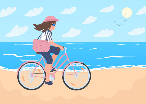 在海滩上骑自行车的女人图片下载