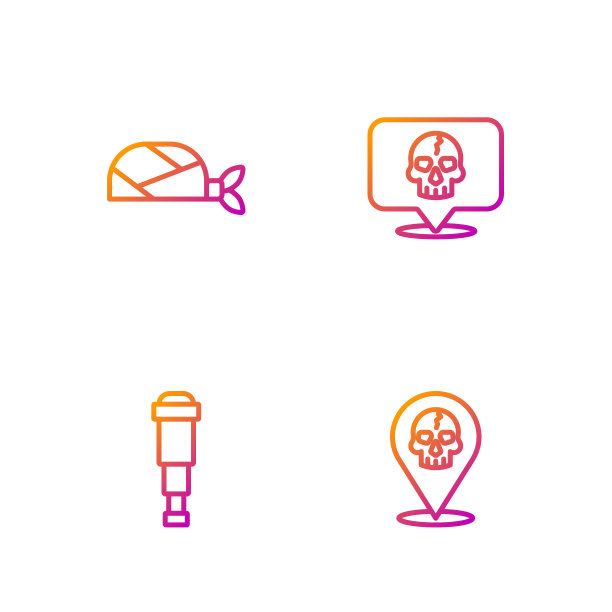 设定线海盗，望远镜望远镜镜头，海盗头巾的头和头骨。渐变颜色图标。向量图片下载