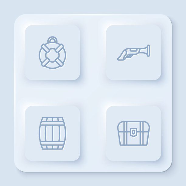 套线救生圈，古董手枪，木桶和古董宝箱。白色正方形按钮。向量图片下载