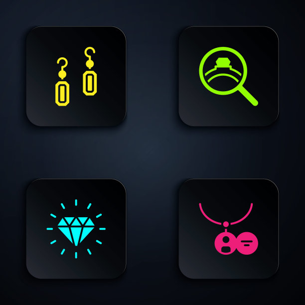 套项链，耳环，钻石和订婚。黑色方形按钮。向量图片下载