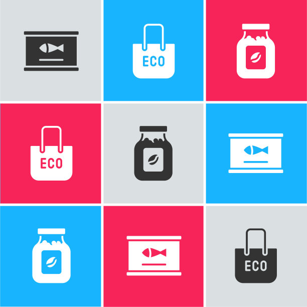 设置鱼罐头，购物袋回收和咖啡罐瓶子图标。向量图片下载