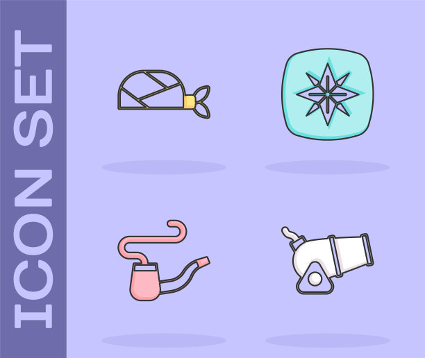 设置大炮，海盗头巾为头，抽烟斗和风玫瑰图标。向量图片下载