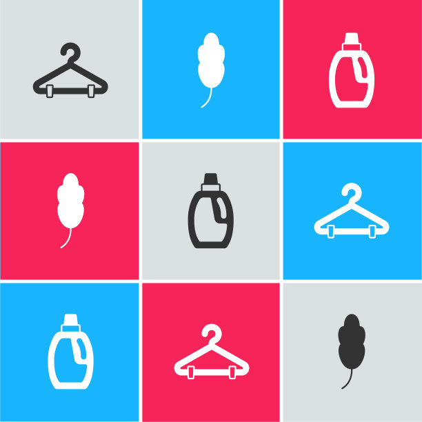 设置衣架衣柜，羽毛和瓶子清洁剂图标。向量图片下载