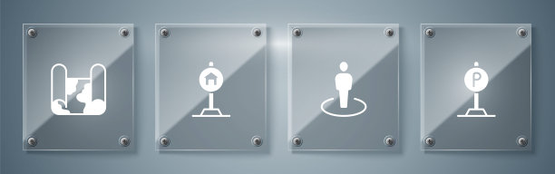 设置停车，位置与人，酒店标志的交通和折叠地图。方形玻璃面板。向量图片下载