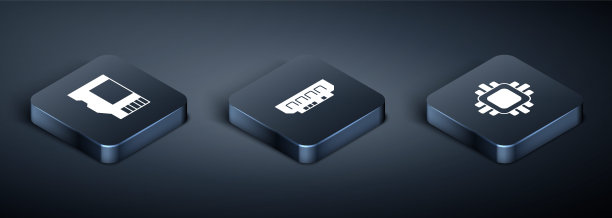 设置等距SD卡，带有CPU和RAM的处理器，随机存取内存图标。向量图片下载