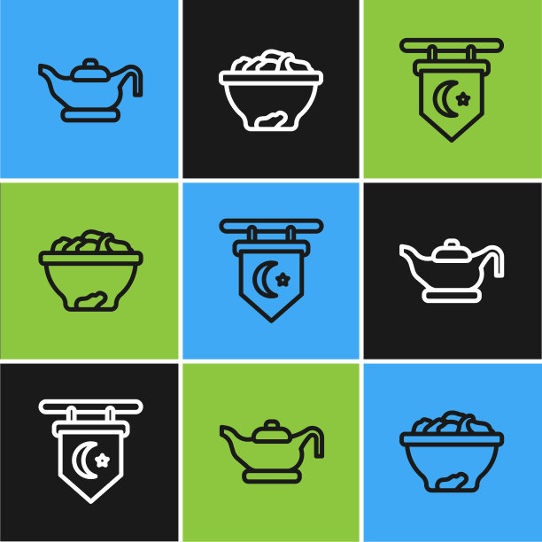 设置线油灯，星月牙和红枣果碗图标。向量图片下载