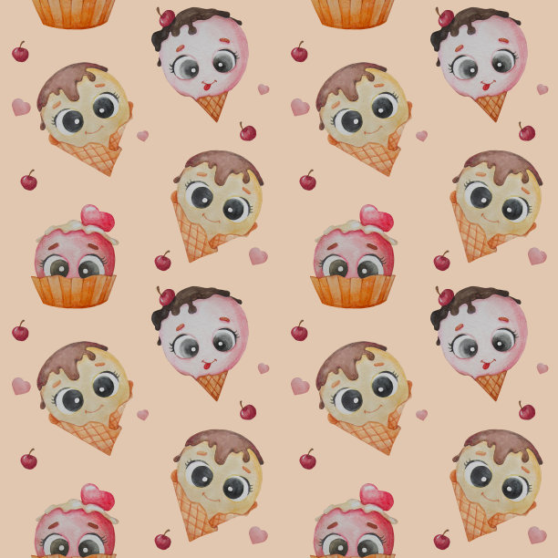 无缝图案与甜冰淇淋。不同的可爱冰淇淋，有眼睛和舌头在华夫饼杯上，浅黄色的背景。水彩。手绘图片下载