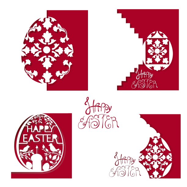一套四张以红色为背景的极简风格白色复活节贺卡图片下载