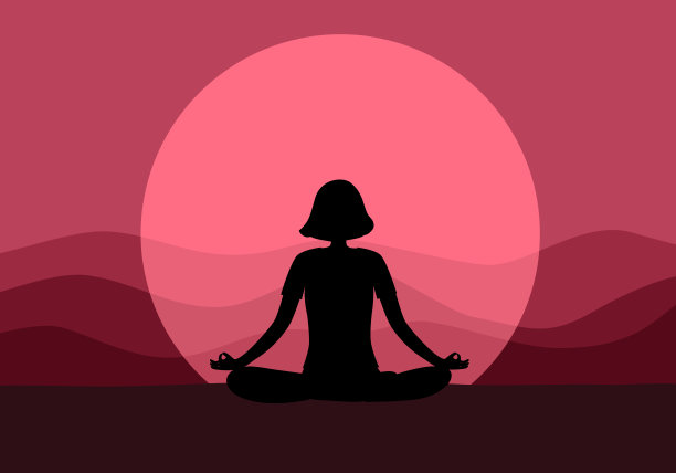 在平面设计中，宁静的日落与女人冥想的剪影。瑜伽莲花。佛教的冥想是为了放松思想和灵魂。图片下载