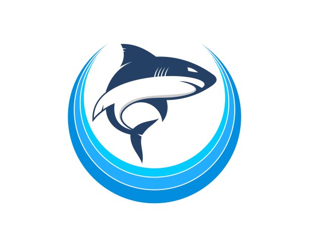 蓝色圆形，里面有跳跃的鲨鱼图片下载