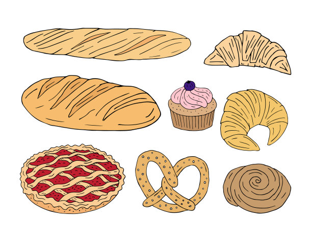 向量集不同颜色的手绘涂鸦素描烘焙面包和小面包图片下载