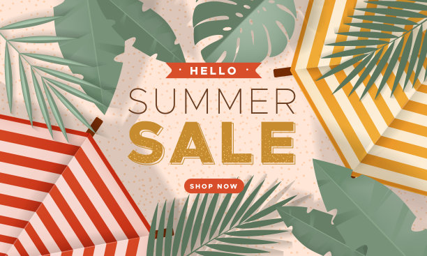 印有夏日海滩、两把阳伞和热带树叶的销售横幅图片下载