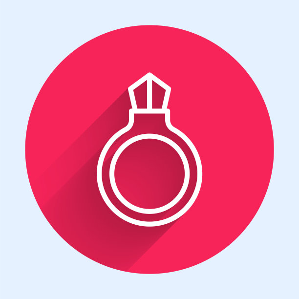 白色线条幻想魔法石戒指与宝石图标孤立与长影子。红色圆圈按钮。向量图片下载