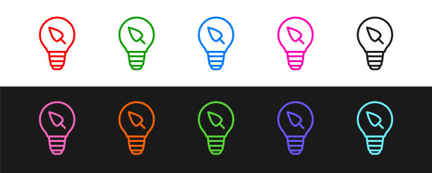 设置线灯泡与叶片图标隔离在黑白背景。生态能源的概念。替代能源的概念。向量图片下载