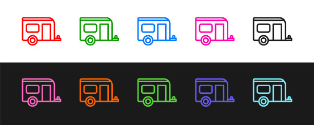 设置线房车露营拖车图标隔离在黑色和白色的背景。旅行房车，旅行房车，旅行房车。向量图片下载