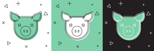设置猪图标隔离在白色和绿色，黑色背景。动物的象征。向量图片下载