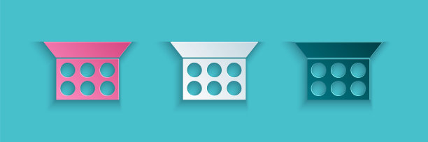 剪纸粉饼与镜子图标孤立在蓝色背景。纸艺术风格。向量图片下载