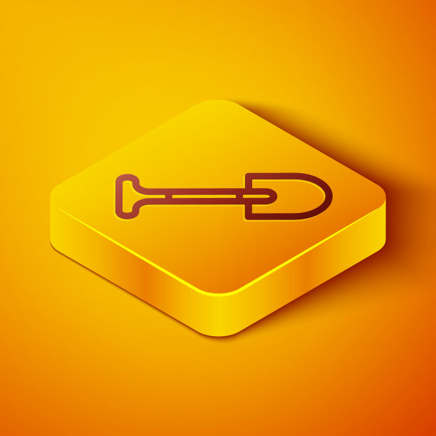 等距线铲子图标孤立在橙色背景。园艺工具。园艺、农业、农业的工具。黄色正方形按钮。向量图片下载