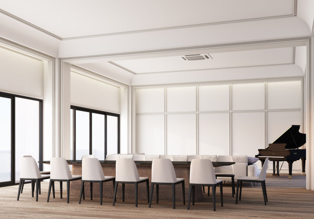 现代古典白色起居和用餐区空间与墙板装饰和木地板与三角钢琴。三维渲染图片下载