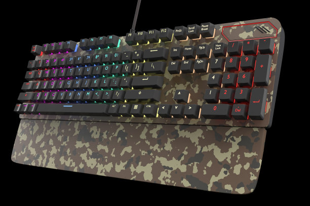 迷彩电脑键盘与rgb颜色隔离在黑色上图片下载