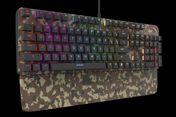 迷彩电脑键盘与rgb颜色隔离在黑色上图片下载