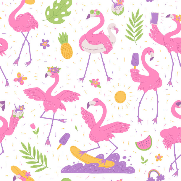 粉色火烈鸟无缝夏季图案特征图片下载