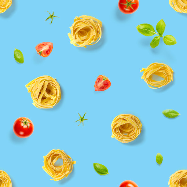 无缝模式的意大利面干面条。生意大利面通俗艺术背景，平铺。意大利生窝面孤立在蓝色图片下载
