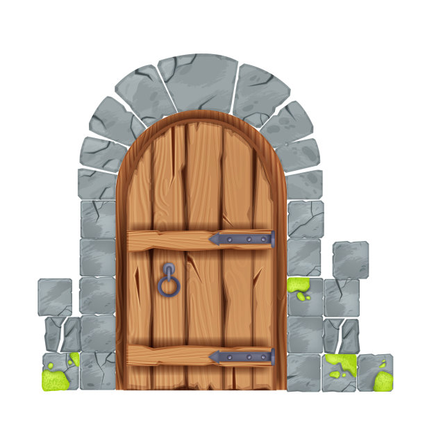 古老的矢量城堡门，木制的老式房屋入口，开裂的石墙拱门瓷砖，中世纪的门户。图片下载