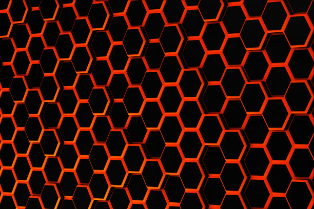 三维插图抽象红色的未来表面六边形模式与光线。红色色调六角形背景。图片下载