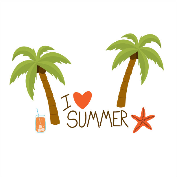 图标上刻着:我爱夏天。棕榈树、海星和鸡尾酒。现代平面设计矢量图像。图片下载