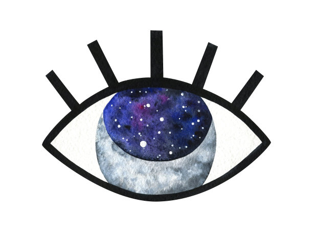 大眼睛，黑睫毛，月亮和太空。时尚的水彩插图。一个神秘的，抽象的剪贴画孤立在白色背景上。蓝紫色的装饰性瞳孔。图片下载