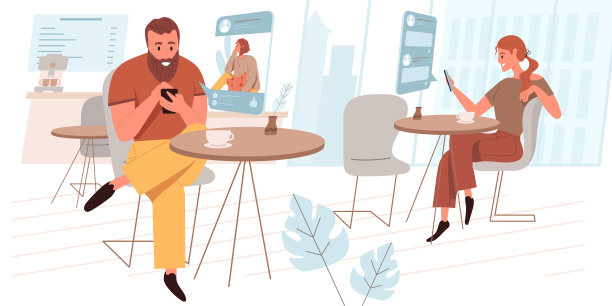 浏览社交网络网站概念在平面风格。男人和女人在网上冲浪，在网上聊天，在咖啡馆用智能手机。人物角色活动场景。矢量插图的网站模板图片下载