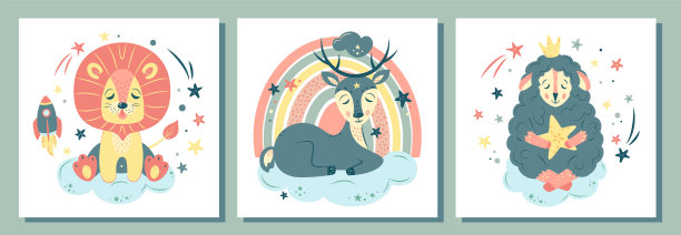 一套托儿所矢量插图。卡通风格的可爱动物。图片下载