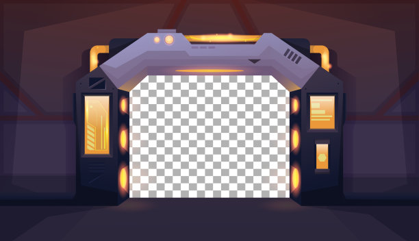 飞船打开门与透明的背景。有黄灯的走廊。游戏和移动应用的背景。矢量动画背景”n图片下载