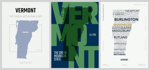 50套中的14套，3种设计风格的名称和信息的美国州海报，详细的矢量艺术打印佛蒙特州地图图片下载
