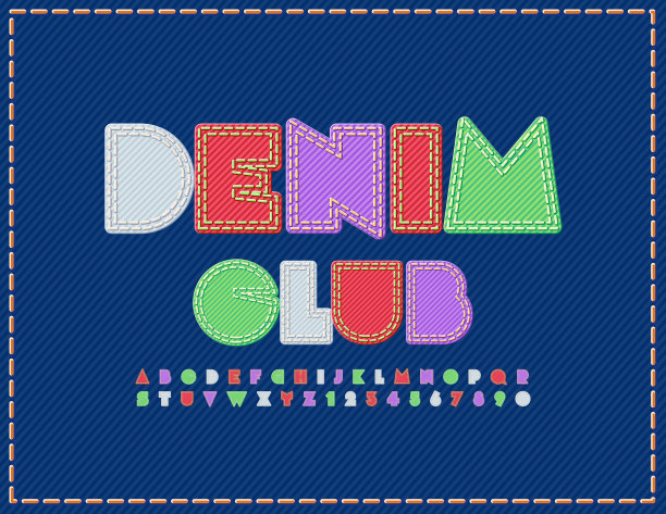 向量明亮的标志牛仔俱乐部。一组字母和数字的织物图片下载