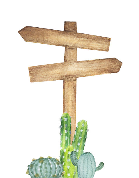 带有仙人掌的水彩木制路标图片下载