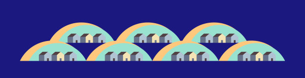 色彩柔和的房子几何图案，半圆形，蓝色背景。长横幅为网站标题。智慧、安全的城市理念。家庭安全。房地产销售传单。租赁公寓。新住宅。图片下载