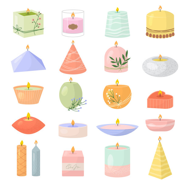 Spa蜡烛。香薰装饰项目为放松室蜂蜡浅色蜡烛最近矢量平面图片集图片下载