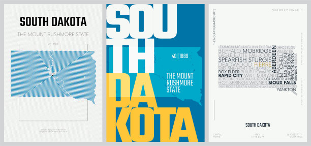 50套中的40套，3种设计风格的名字和信息的美国州海报，详细的矢量艺术打印南达科他州地图图片下载