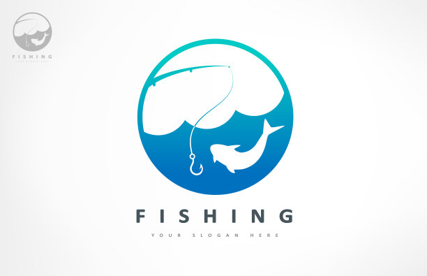 钓鱼标志向量。鱼、波、竿设计。把所有的东西都买下来钓鱼。渔具。图片下载