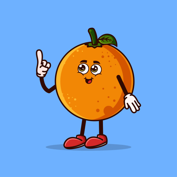 可爱的橘子水果角色与快乐的脸和手势指向上。水果角色图标概念孤立。Emoji贴纸。平面卡通风格图片下载