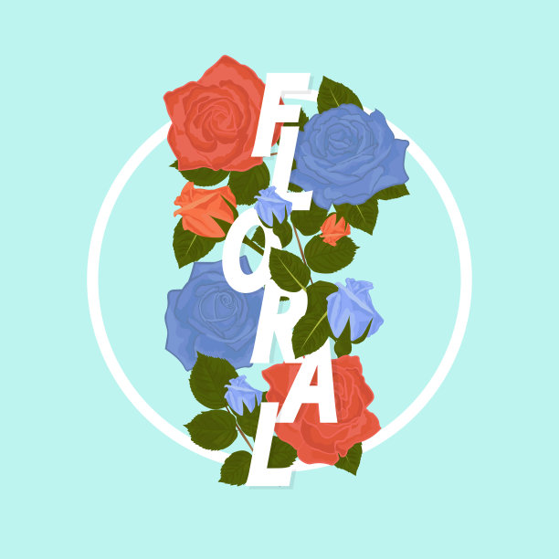 花框架在蓝色和橙色玫瑰叶子在蓝色的背景和孤立的框架与文本花。图片下载