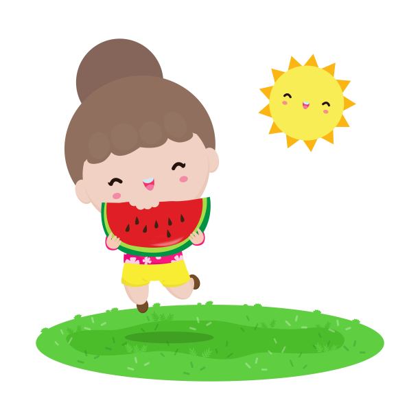 夏季模板横幅，可爱的小孩子们抱着西瓜，开心地跳跃在炎热的晴天假期flat卡通孤立在白色背景矢量插图图片下载