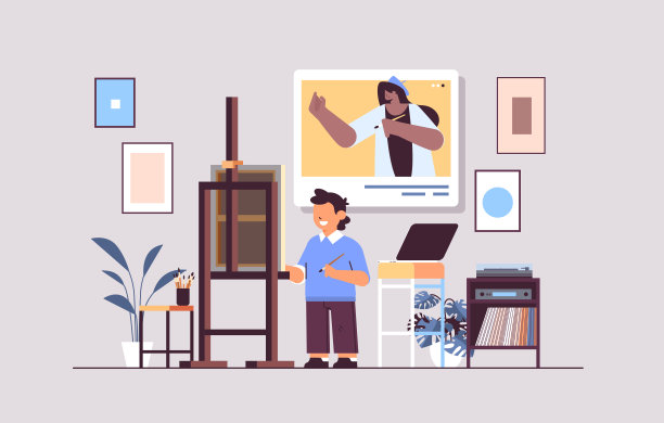 男学生与女教师艺术家在网页浏览器窗口画图片期间视频通话自我隔离概念图片下载