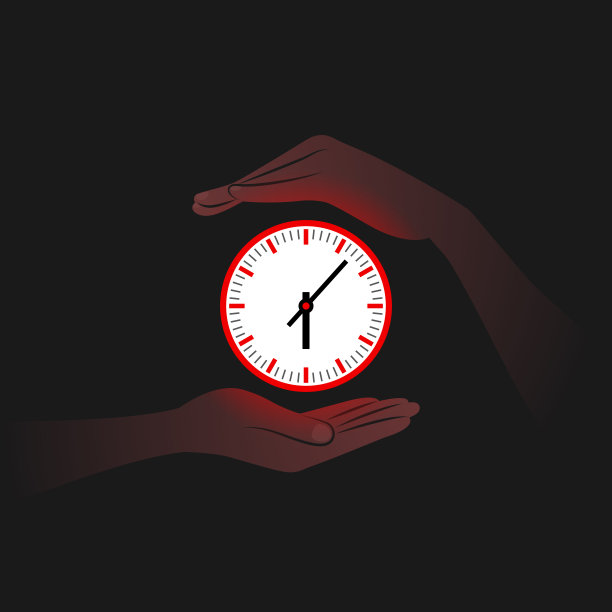 黑暗中红色的钟和人的手靠近它图片下载