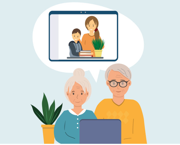 老人和女人在电话上和孩子孙辈聊天，用笔记本电脑，电脑，与祖父母在线视频通话，平面矢量插图图片下载