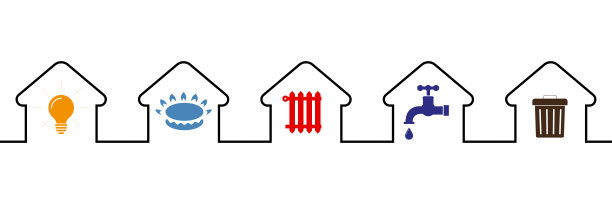 实用图标:水，煤气，照明，加热，废物。平的风格。家中通讯的图标。平的风格。向量图片下载